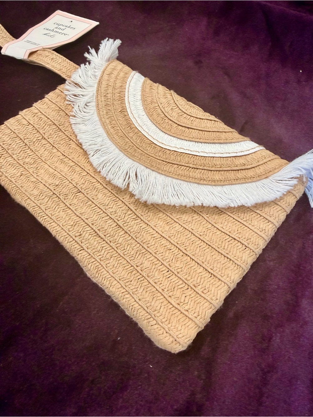 cupcakes & cashmere Tan and White Woven Fringe Clutch